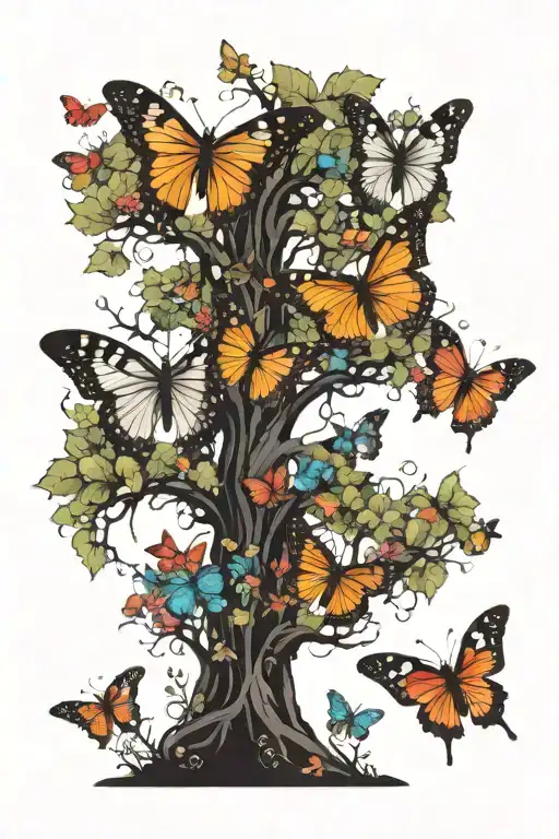 mystic fairy forest with trees  background black anf white with colorful butterflies tattoo design idea