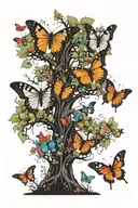 mystic fairy forest with trees  background black anf white with colorful butterflies tattoo design idea
