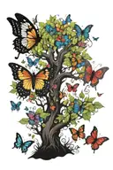 mystic fairy forest with trees  background black anf white with colorful butterflies tattoo design idea