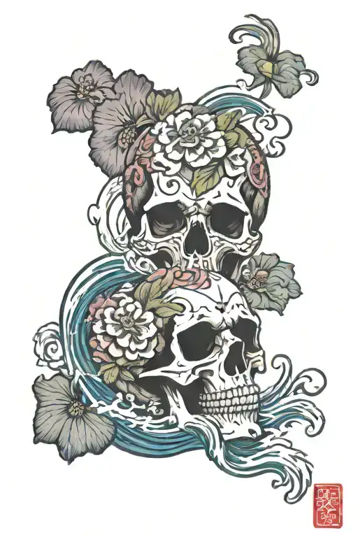 Pion flowers skull waves crashing tattoo design idea