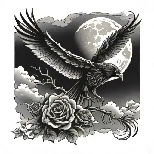 Sun rising with roses, Moon with thunder and clouds, crow tattoo design idea