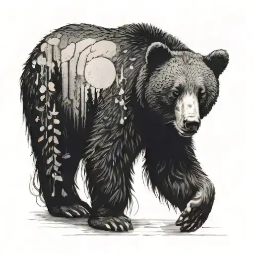 a black bear walking in the forest, the word 'UBUNTU' subtlety in the bears body,  tattoo design idea