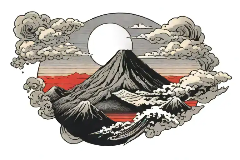 mount Fuji with someone snowboarding down it. have a rising sun in red in the background  tattoo design idea