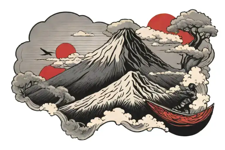 a snowboarder riding down a snow capped realistic image of mount Fuji in Japan. have a red rising sun in the background tattoo design idea