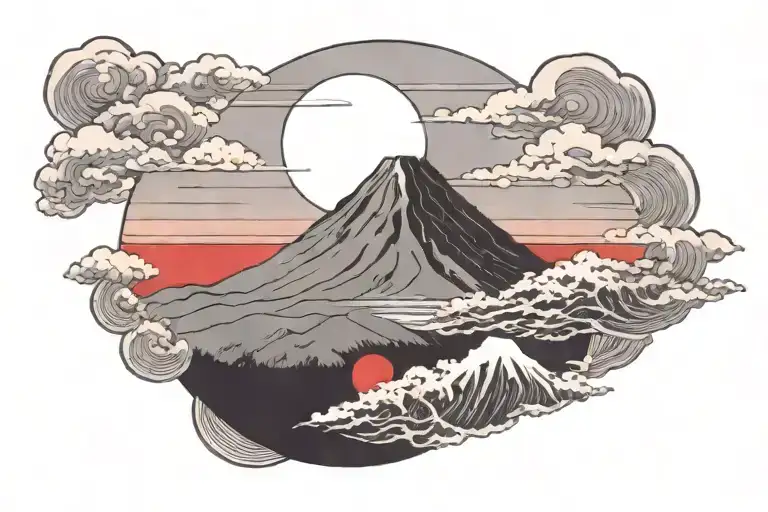 mount Fuji with someone snowboarding down it. have a rising sun in red in the background  tattoo design idea