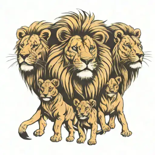 large male lion 3 cubs and one female lion tattoo design idea