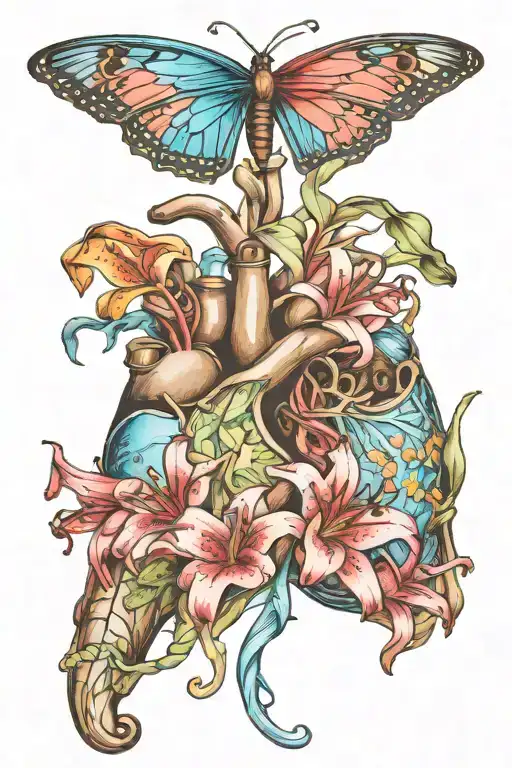 Lungs made out of ruby star gazer lilies surrounding a heart made out of POTS ribbon blue and flowers tattoo design idea