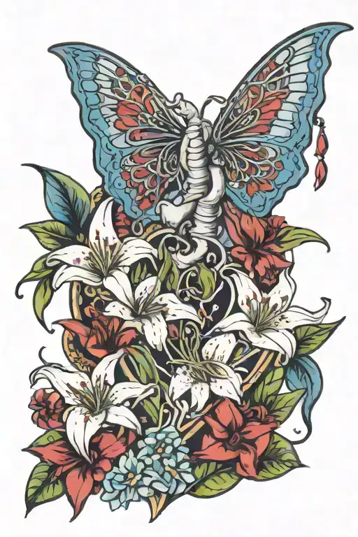 Lungs made out of ruby star gazer lilies surrounding a heart made out of POTS ribbon blue and flowers tattoo design idea