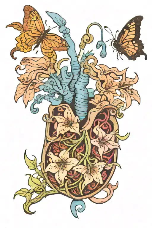 Lungs made out of ruby star gazer lilies surrounding a heart made out of POTS ribbon blue and flowers tattoo design idea
