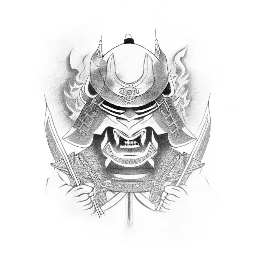 Samurai, fire, katana, demon tattoo design idea