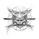 Samurai, fire, katana, demon tattoo design idea