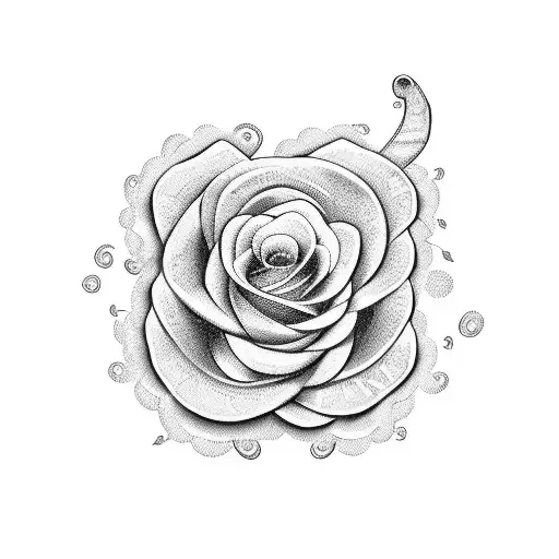 A graceful cursive letter 'E' entwined with roses and doves in a dotwork style tattoo design idea