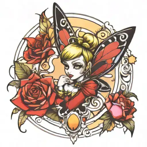 I need to finish my sleeve so ty a design so far I have tinkerbell, joker & harlequin, Pokémon, a honeypot with a bee.  tattoo design idea