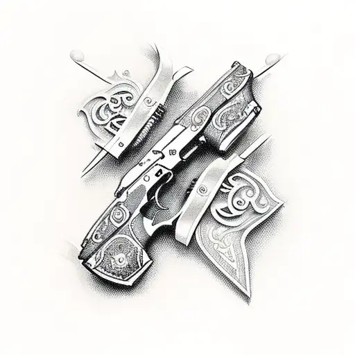 A pair of crossed pistols adorned with elegant religious symbols tattoo design idea