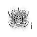 Create a dotwork tattoo featuring a Maori-inspired metall object neck and arm  tattoo design idea