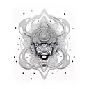 Create a dotwork tattoo featuring a Maori-inspired metall object neck and arm  tattoo design idea