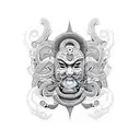 Create a dotwork tattoo featuring a Maori-inspired metall object neck and arm  tattoo design idea