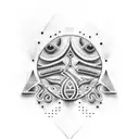 Create a dotwork tattoo featuring a Maori-inspired metall object neck and arm  tattoo design idea