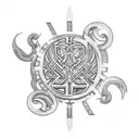 Create a dotwork tattoo featuring a Maori-inspired metall object neck and arm  tattoo design idea