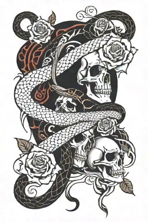 A snake band with roses and skulls, and then some koi fish swimming around tattoo design idea