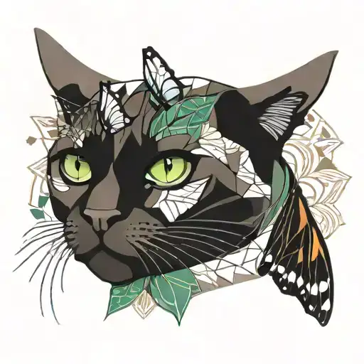 tonkinese cat with geometric pattern on head, green eyes, monarch butterfly on ear, leaves from bottom of face  tattoo design idea