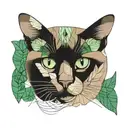 tonkinese cat with geometric pattern on head, green eyes, monarch butterfly on ear, leaves from bottom of face  tattoo design idea