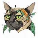tonkinese cat with geometric pattern on head, green eyes, monarch butterfly on ear, leaves from bottom of face  tattoo design idea