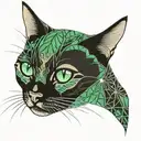 tonkinese cat with geometric pattern on head, green eyes, monarch butterfly on ear, leaves from bottom of face  tattoo design idea