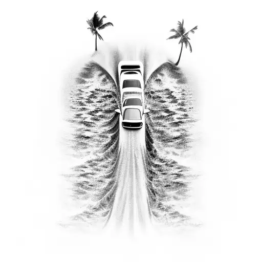 A sleek sports car driving through a wave-shaped road tattoo design idea