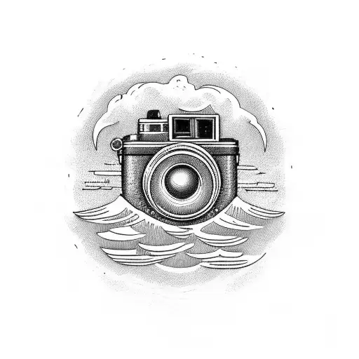 A vintage camera surrounded by waves and palm trees tattoo design idea