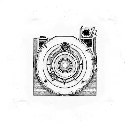 A vintage camera surrounded by waves and palm trees tattoo design idea