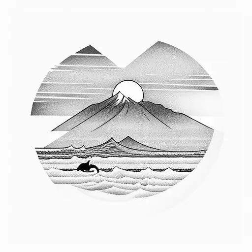A mesmerizing sunset over Maui's coastline with a silhouette of a surfer tattoo design idea