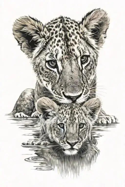 a lion cub looking into water seeing a adult lion facing back tattoo design idea
