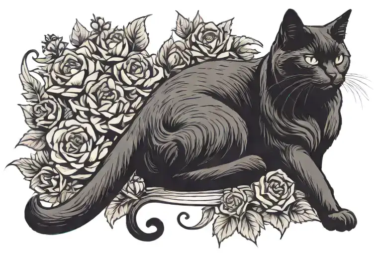 Overweight black cat curls up on flowers and sleeps. It has one of its hind legs and tail hanging down. tattoo design idea