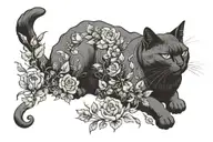 Overweight black cat curls up on flowers and sleeps. It has one of its hind legs and tail hanging down. tattoo design idea