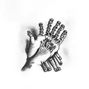 skeleton hand reaching out to human hand with birthday 7.14.33 tattoo design idea