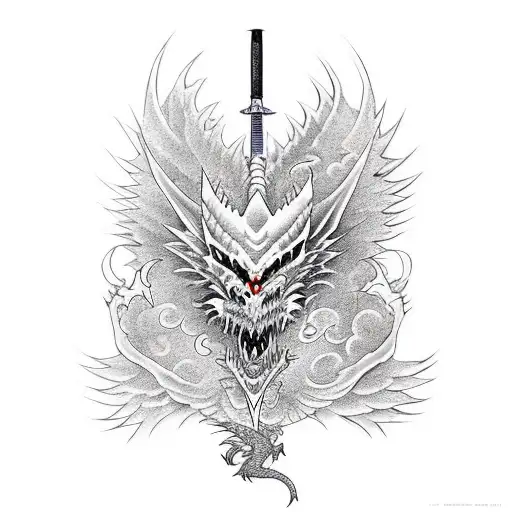 a dragon with wings killed by a katana tattoo design idea