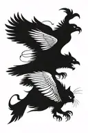 evil cat fighting with a flying evil crow perched tattoo design idea