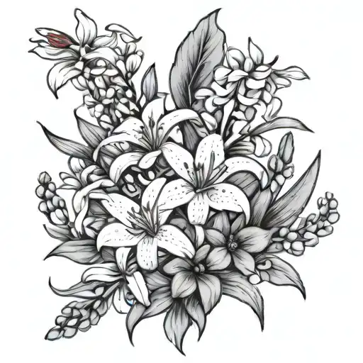 Flower Bouquet with: white jasmine, bluebonnets, and red spider lilies tattoo design idea