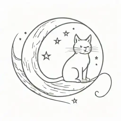   a cat sitting on the moon, looking at a shooting burning star   tattoo design idea