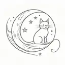   a cat sitting on the moon, looking at a shooting burning star   tattoo design idea