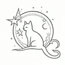   a cat sitting on the moon, looking at a shooting burning star   tattoo design idea