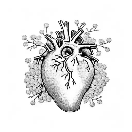 Anatomical heart surrounded by cherry blossom branches tattoo design idea