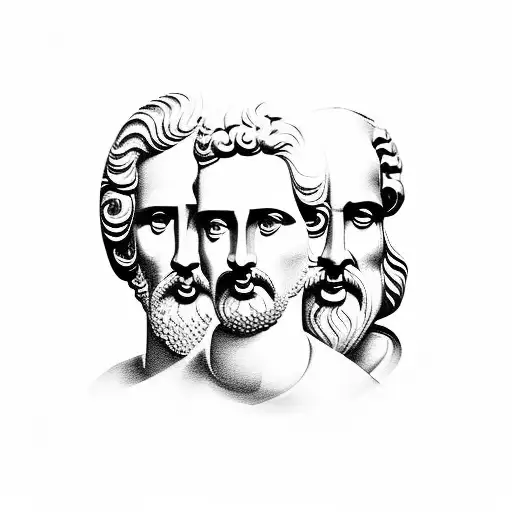 4 tubarões; faces de Sócrates, Platão, Aristoteles, Marco Aurélio, Seneca e Epicteto; referência a Santo Antônio  tattoo design idea