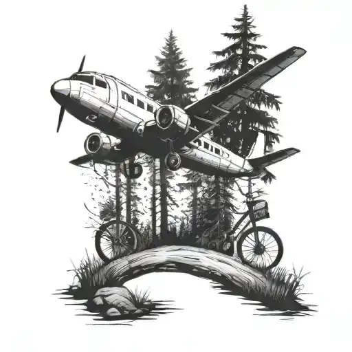A serene landscape with a wooden bike path winding through a forest, with tall trees and a small plane flying above. Incorporate grass and small fillers for added texture and depth, using a black-grey style for a realistic look. tattoo design idea