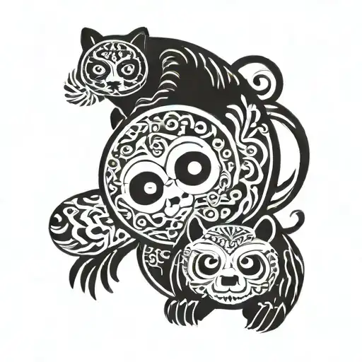 A yin yang sign with a panda in one side and an owl in the other tattoo design idea