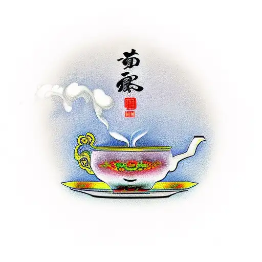 A traditional Chinese teapot pouring coffee into a cup, blending the client's passion for coffee and their favorite thing, the Shanghai Oriental Pearl tattoo design idea
