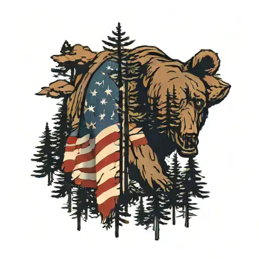 pine trees, American flag, coordinates, bear head tattoo design idea