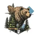 pine trees, American flag, coordinates, bear head tattoo design idea