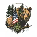 pine trees, American flag, coordinates, bear head tattoo design idea